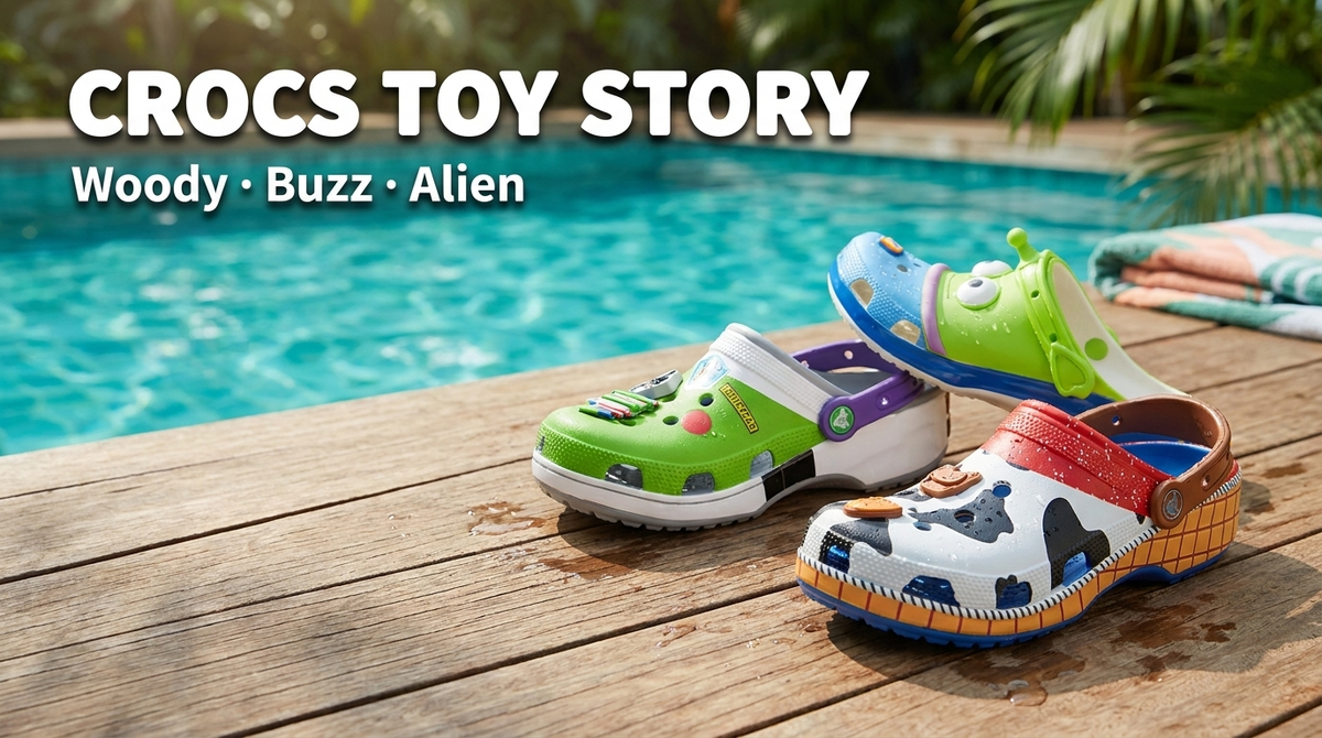 Crocs Toy Story: Woody, Buzz y Alien junto a la piscina