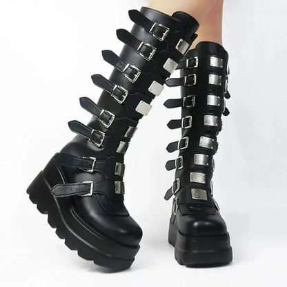 Par de botas góticas negras de plataforma de cuña de 8 cm