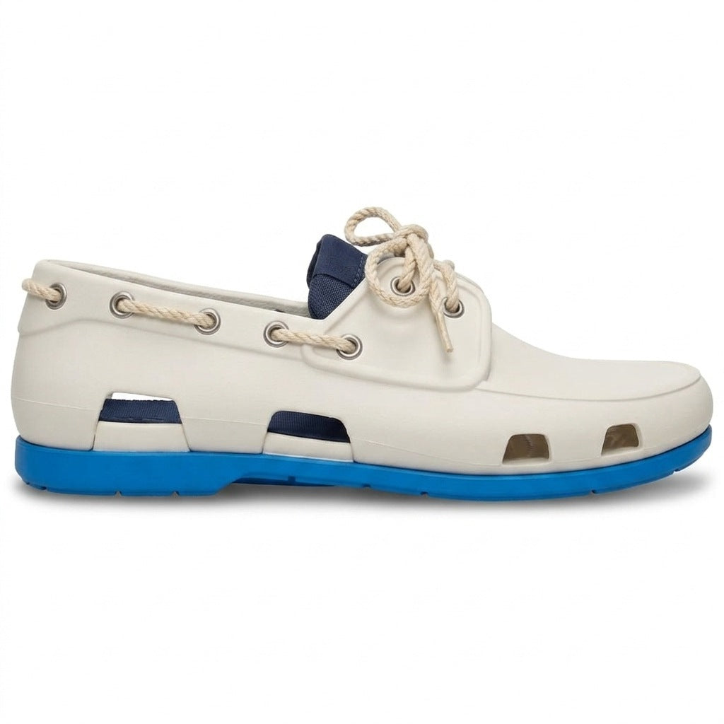 Náutico de goma hombre blanco hueso con suela azul, vista lateral