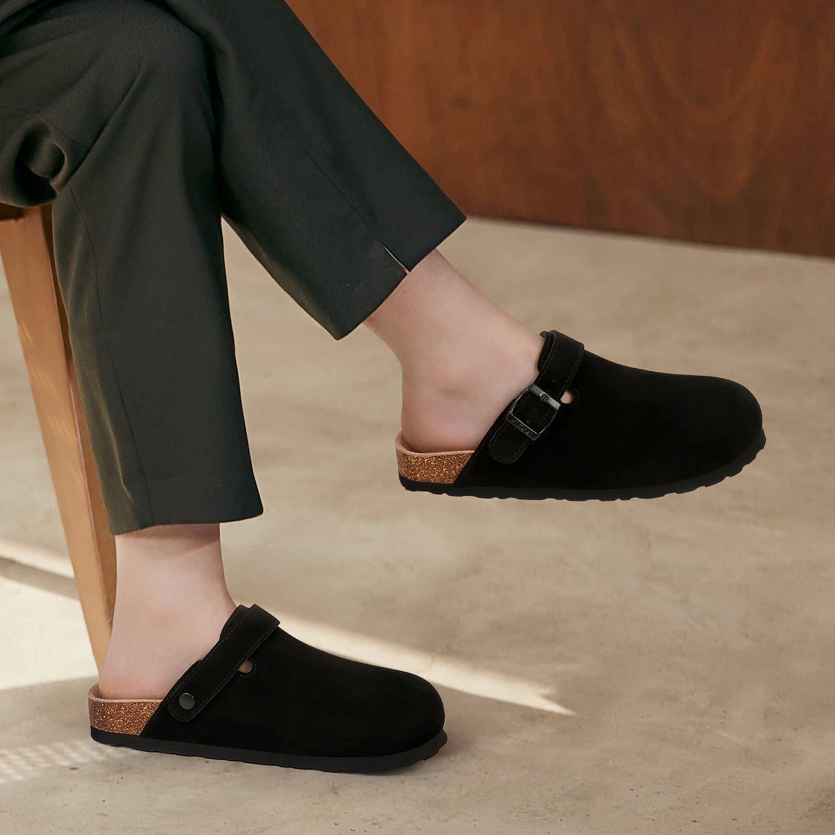 Mules en cuir avec support de voûte plantaire, pantoufles d'extérieur
