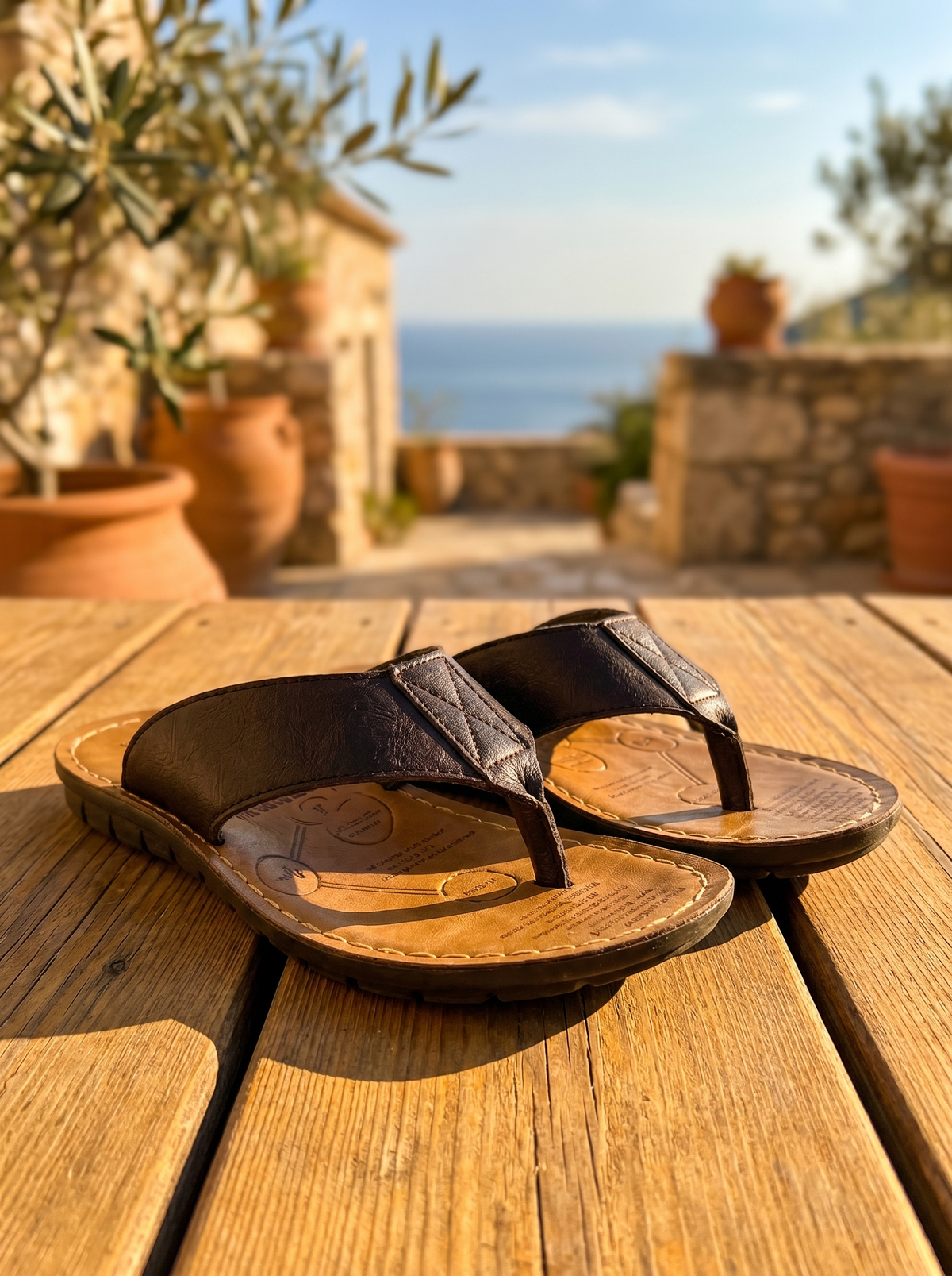 Sandalias de cuero Don Zapas primer plano en terraza con mar