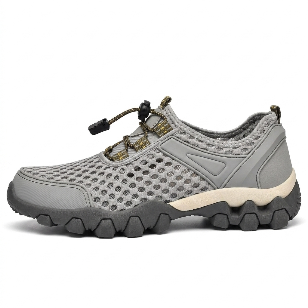 Zapatilla náutica de hombre en gris, malla transpirable, vista lateral