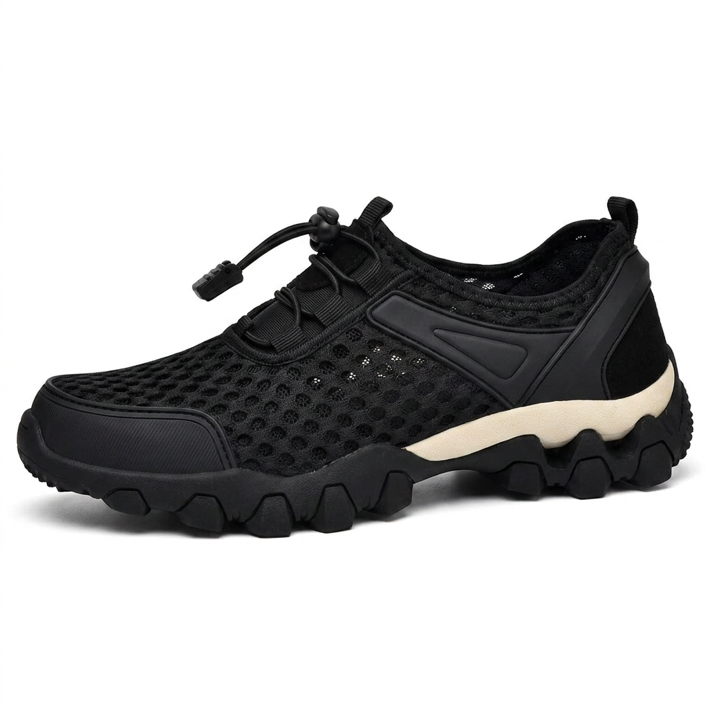 Zapatilla náutica de hombre en negro, malla transpirable, vista lateral