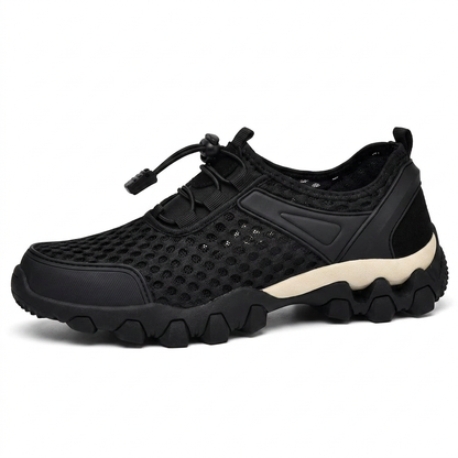Zapatilla náutica de hombre en negro, malla transpirable, vista lateral