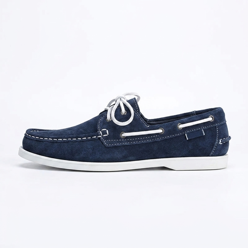 Náutico de piel para hombre en azul marino, cosido a mano y suela blanca, vista lateral