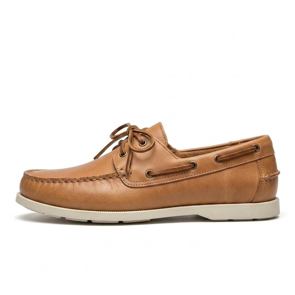 Náutico de piel para hombre en color cuero con suela antideslizante, vista lateral