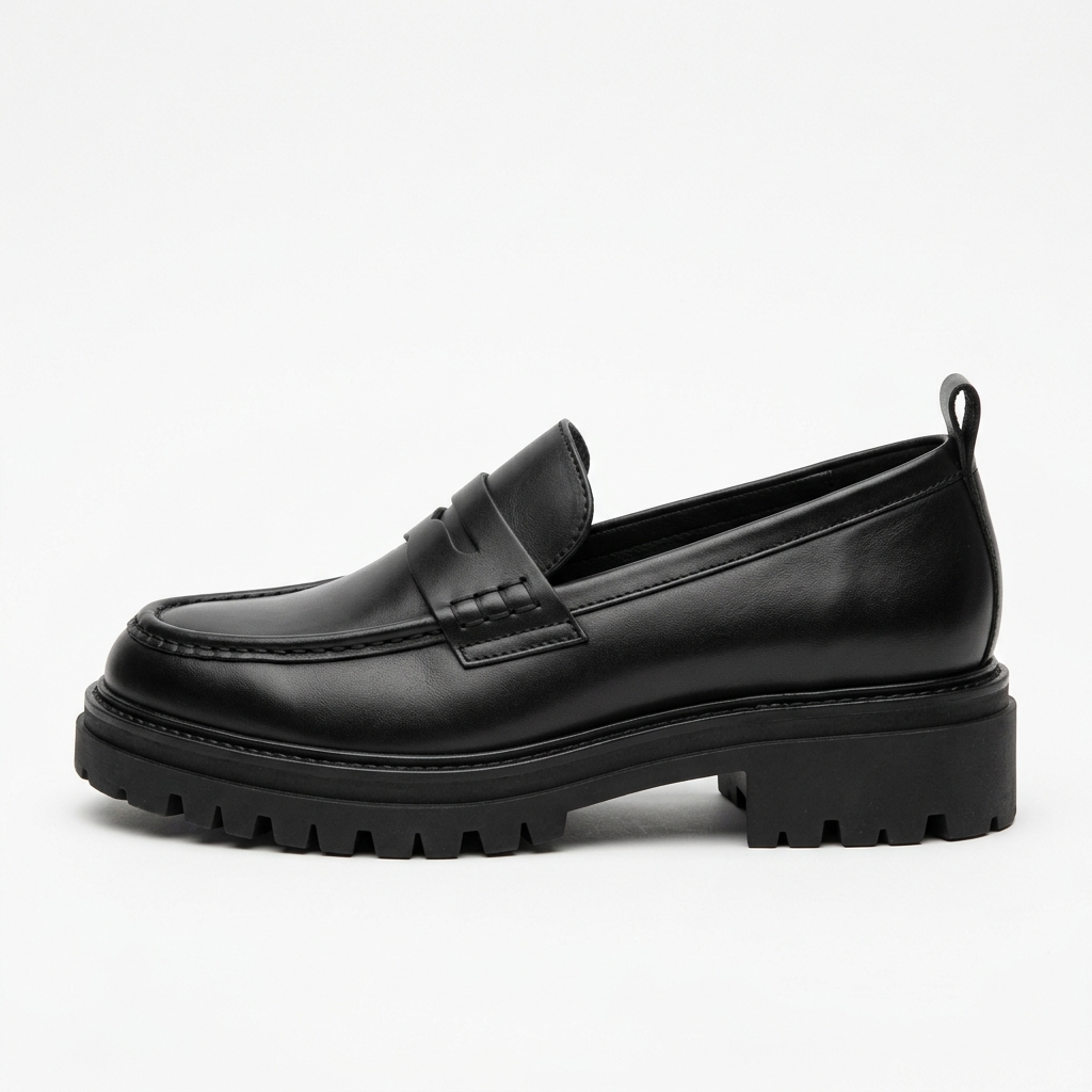 Mocasín de mujer negro con suela track gruesa, vista lateral