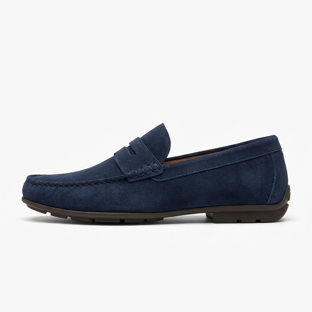 Mocasín de hombre de ante en azul marino, vista lateral