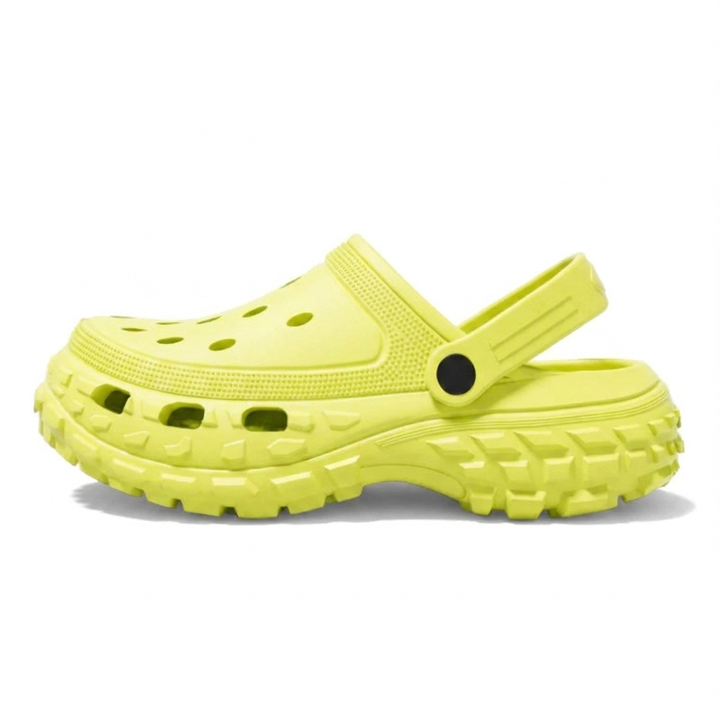 Sandalias plataforma amarillas tipo Crocs, perfil lateral izquierdo