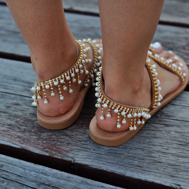 sandalias mujer perlas blancas planas cómodas verano